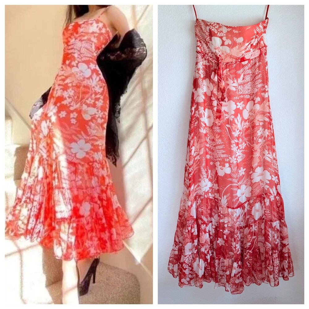 Anthropologie Deletta 100% Silk Hibiscus Strapless Maxi Dress w Ruffle Bottom 4